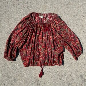 Denim & Supply Ralph Lauren Red Paisley Boho Peasant Blouse Tassel Top Medium